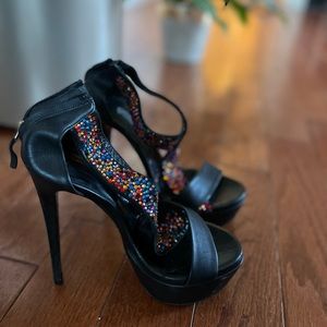 Black Ruthie Davis heels with swavorski crystal strap